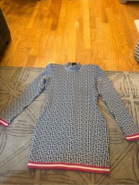 Balmain Patterned Navy and White Long Sleeve Dress with Pink Trim